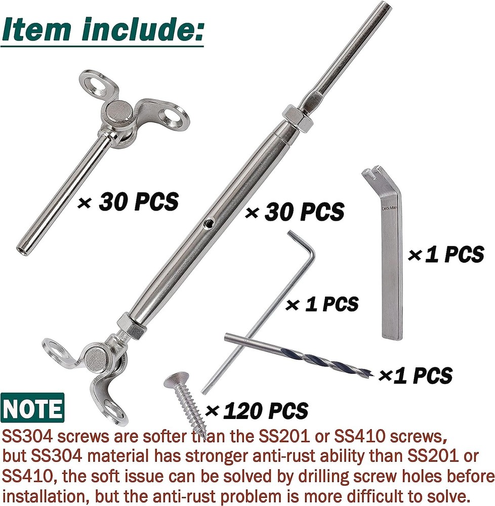 30-Pack Deck Man T316-Stainless Steel Adjustable Angle 1/8" Cable Railing Kit