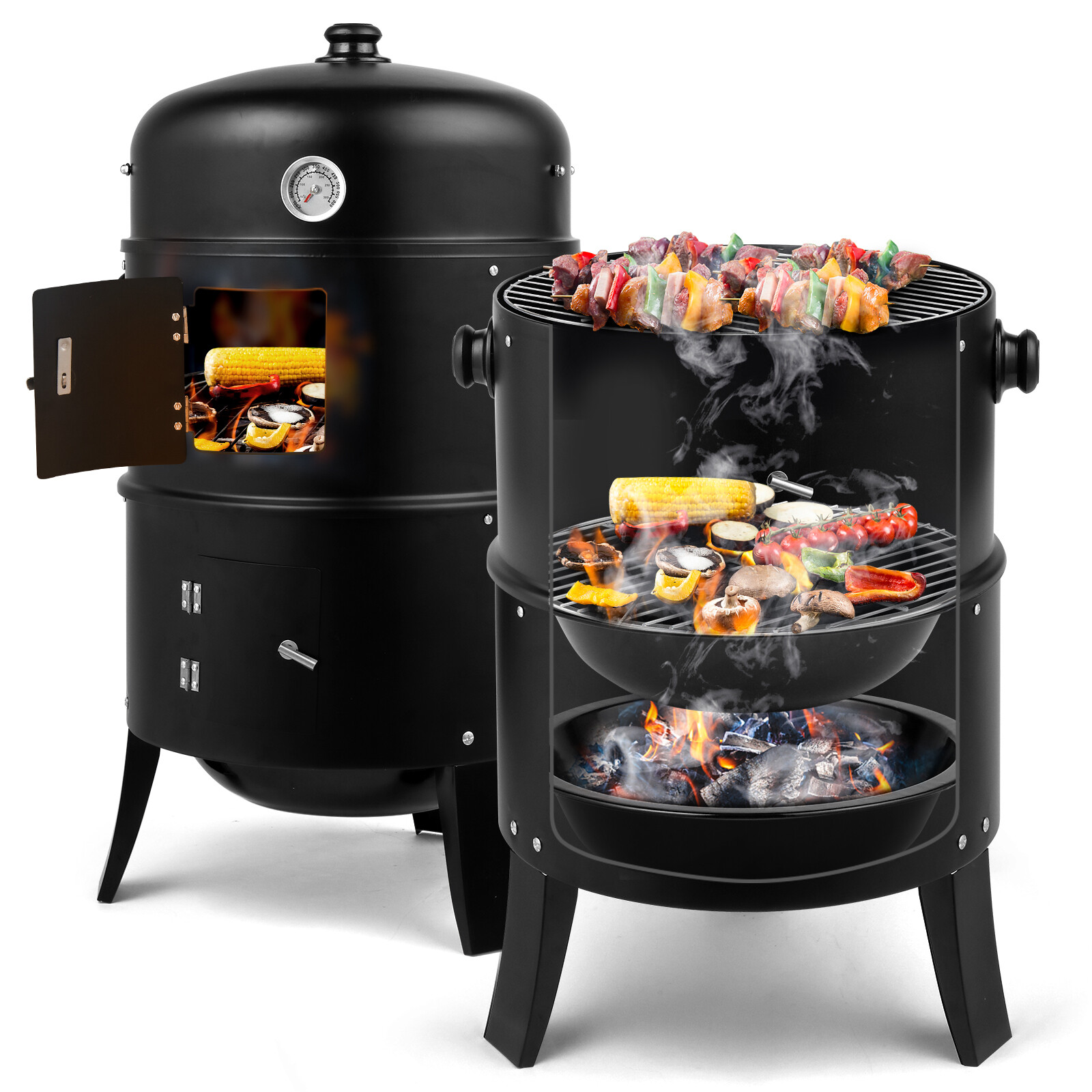 32" Charcoal Smoker BBQ Grill 3IN1 Outdoor Vertical Smoke Portable Meat Cooker