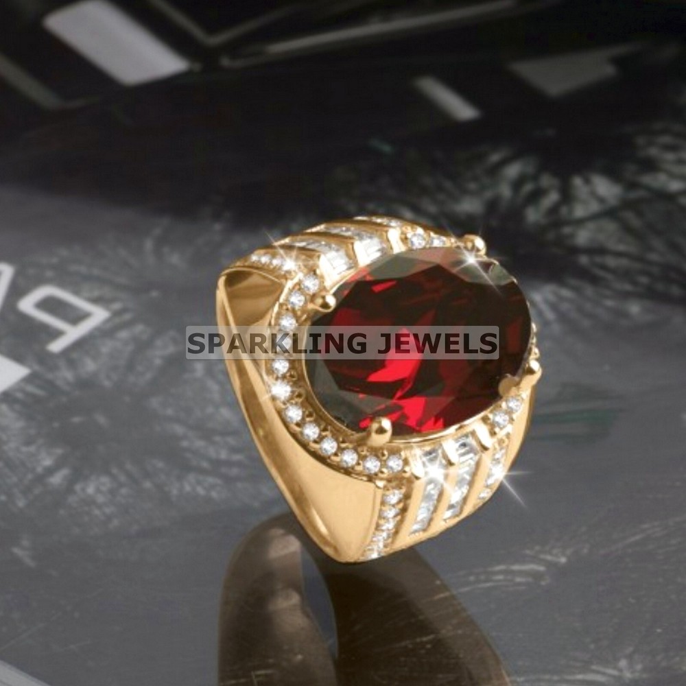AAA+ Garnet Oval Cut With 925 Silver Gold Plated Ring For Men #C213