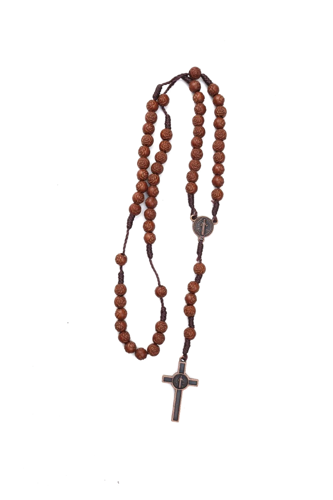 Rosebud Wood Bead Saint Benedict San Benito Centerpiece Standard 5 Decade Rosary