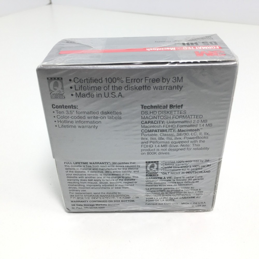 NEW 3M DSHD Diskettes Double Sided High Density 3.5" 10Pk Floppy Disk Mac Format