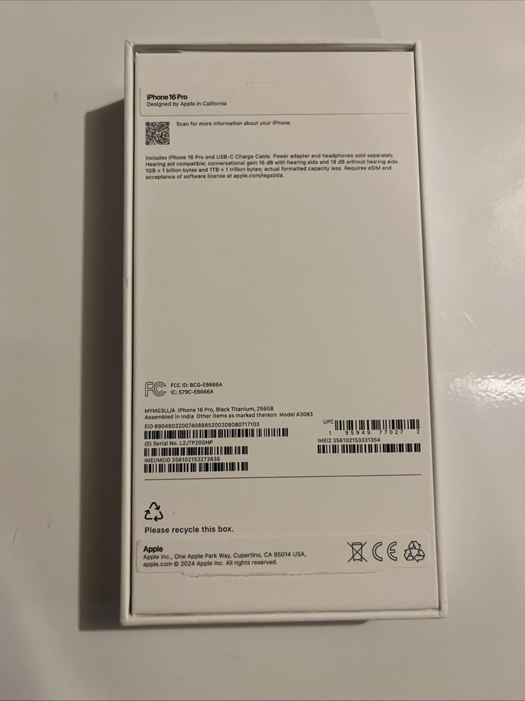 Apple iPhone 16 Pro Black Titanium 256GB - Empty BOX ONLY