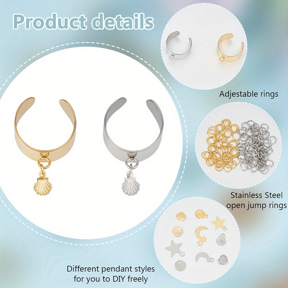 1box 140pcs Moon & Star & Shell & Heart Charms Cuff Ring Making Kits Including