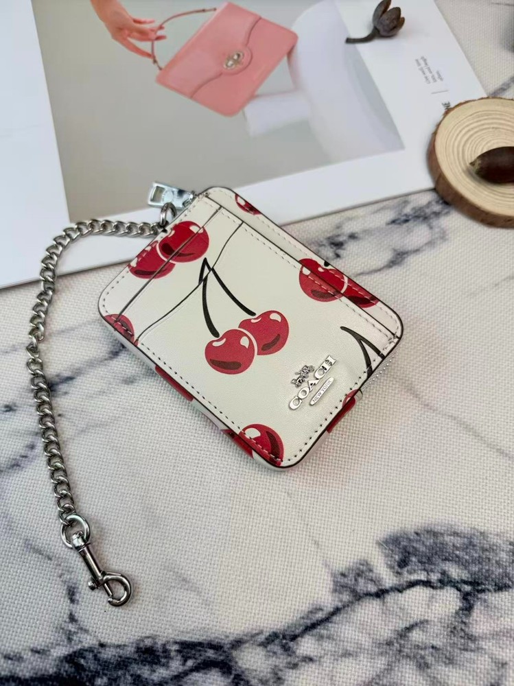 NWT Coach Zip Card Case With Cherry Print CZ761 Silver/Chalk Multi