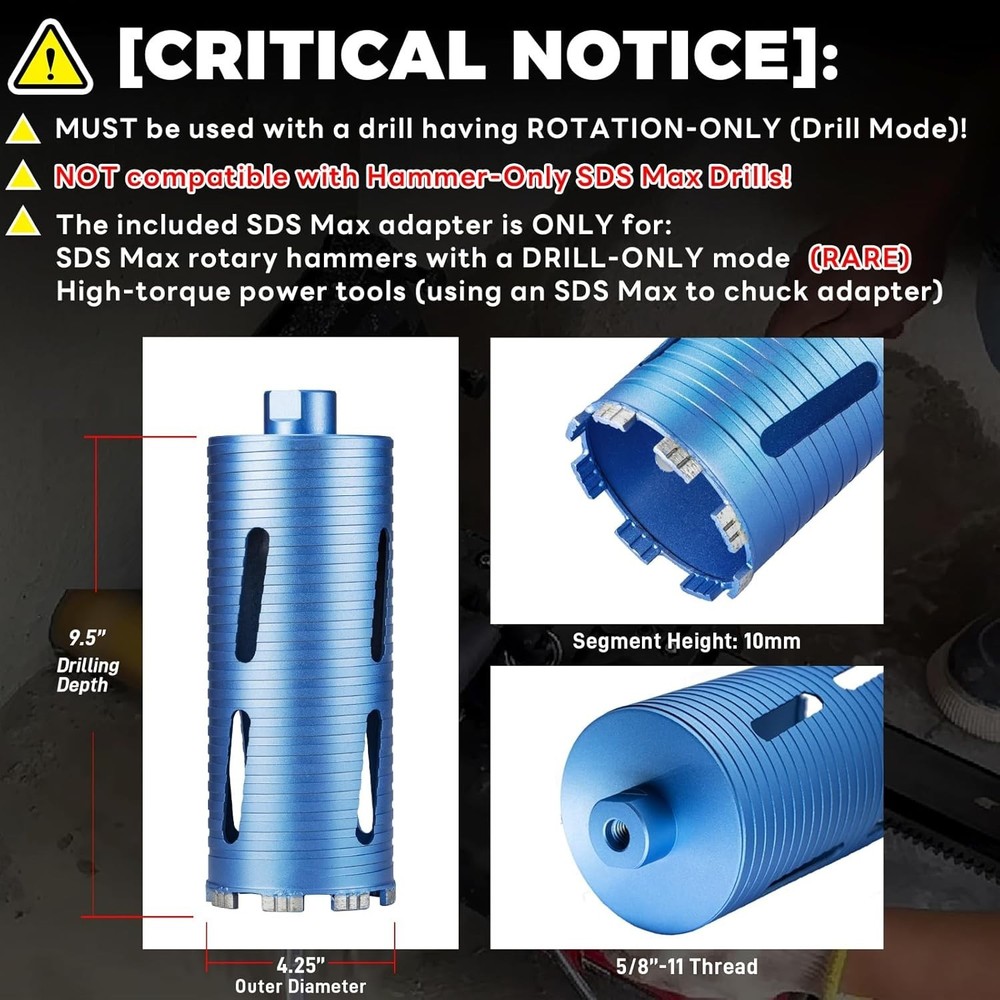 4 1/4" Concrete Core Drill Bit 5/8-11 Thread SDS Max/Plus Hex Adapters