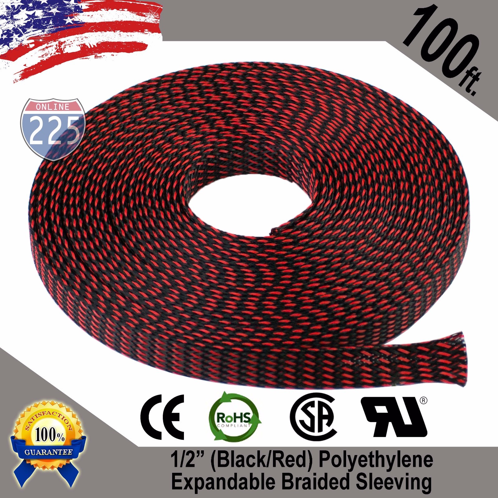 100 FT 1/2" Black Red Expandable Wire Sleeving Sheathing Braided Loom Tubing US