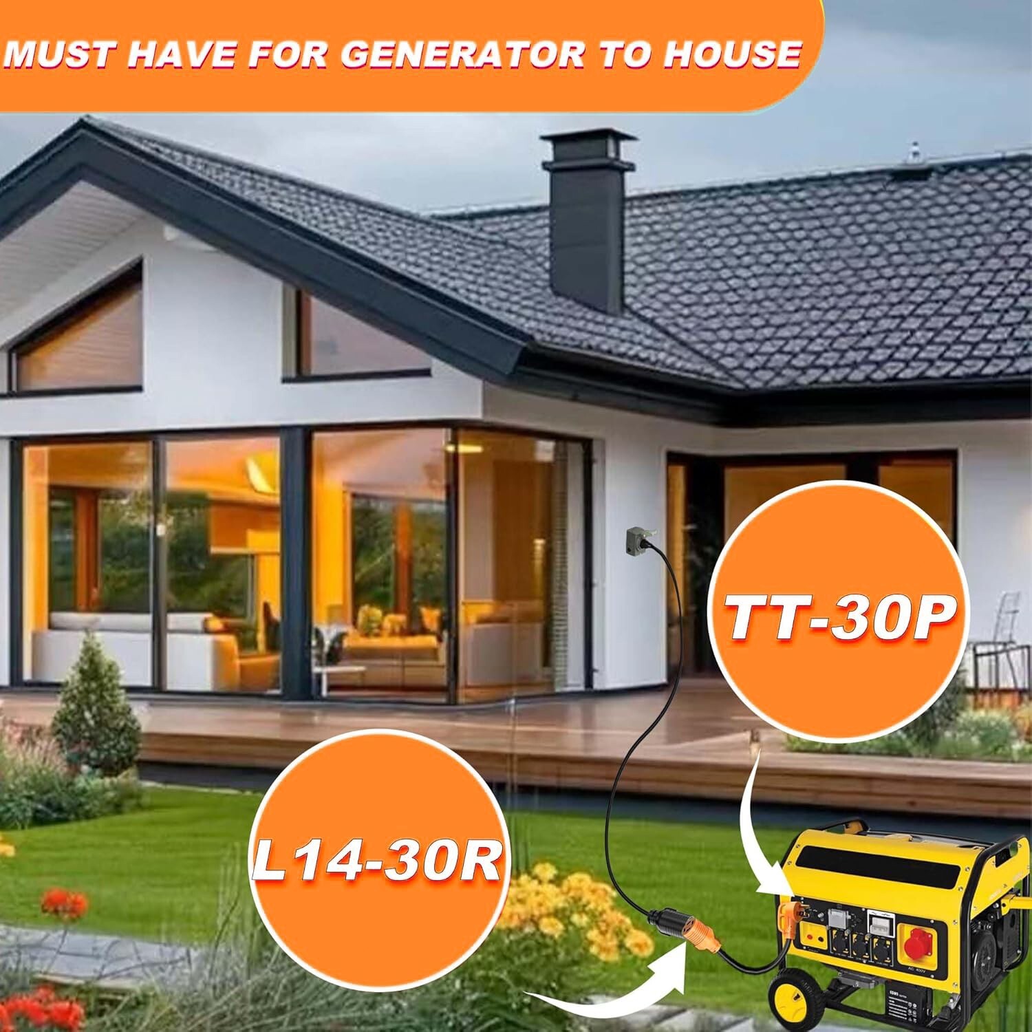 30A Generator Adapter Cord NEMA TT-30P Male to L14-30R Female 3 Prong to 4 Prong