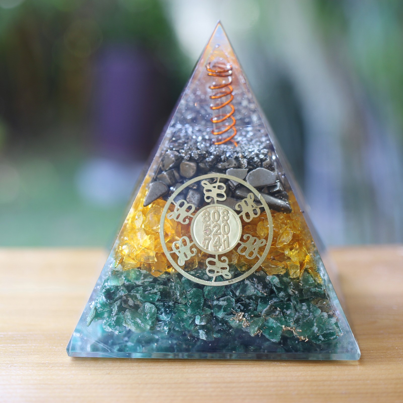 Pyrite Citrine, Aventurine Orgone Manifesting Pyramid 4in Tall EMF & 5G
