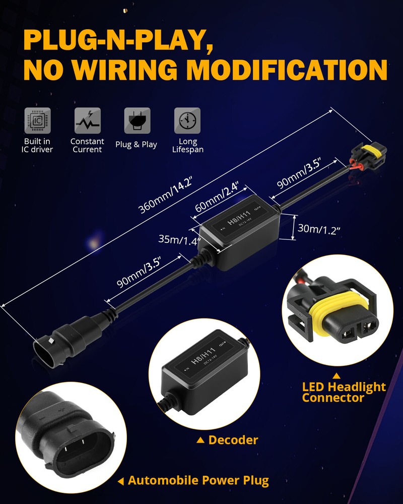 2x H11 LED Headlight Bulbs Canbus Anti Flicker Resistor Wiring Canceller Decoder