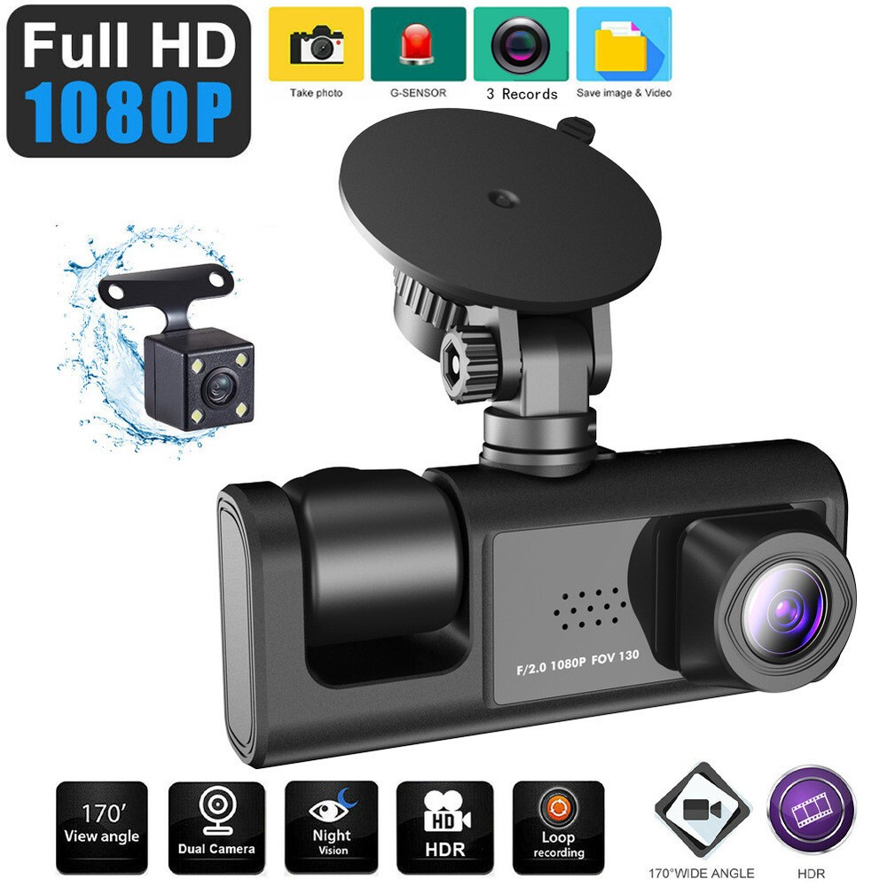 Car Dash Cam 3 Lens 2in Video Recorder Loop DVR Recording Night Vision G-sensor