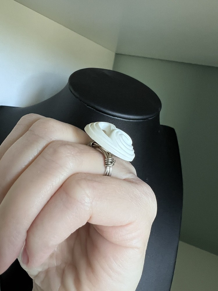 White Creamy Swirl Wire Wrapped Button Ring