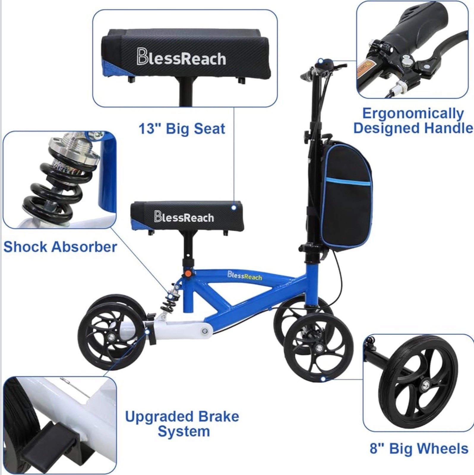 BlessReach - Steerable Knee Scooter for Adults With Dual Braking System (Blue)