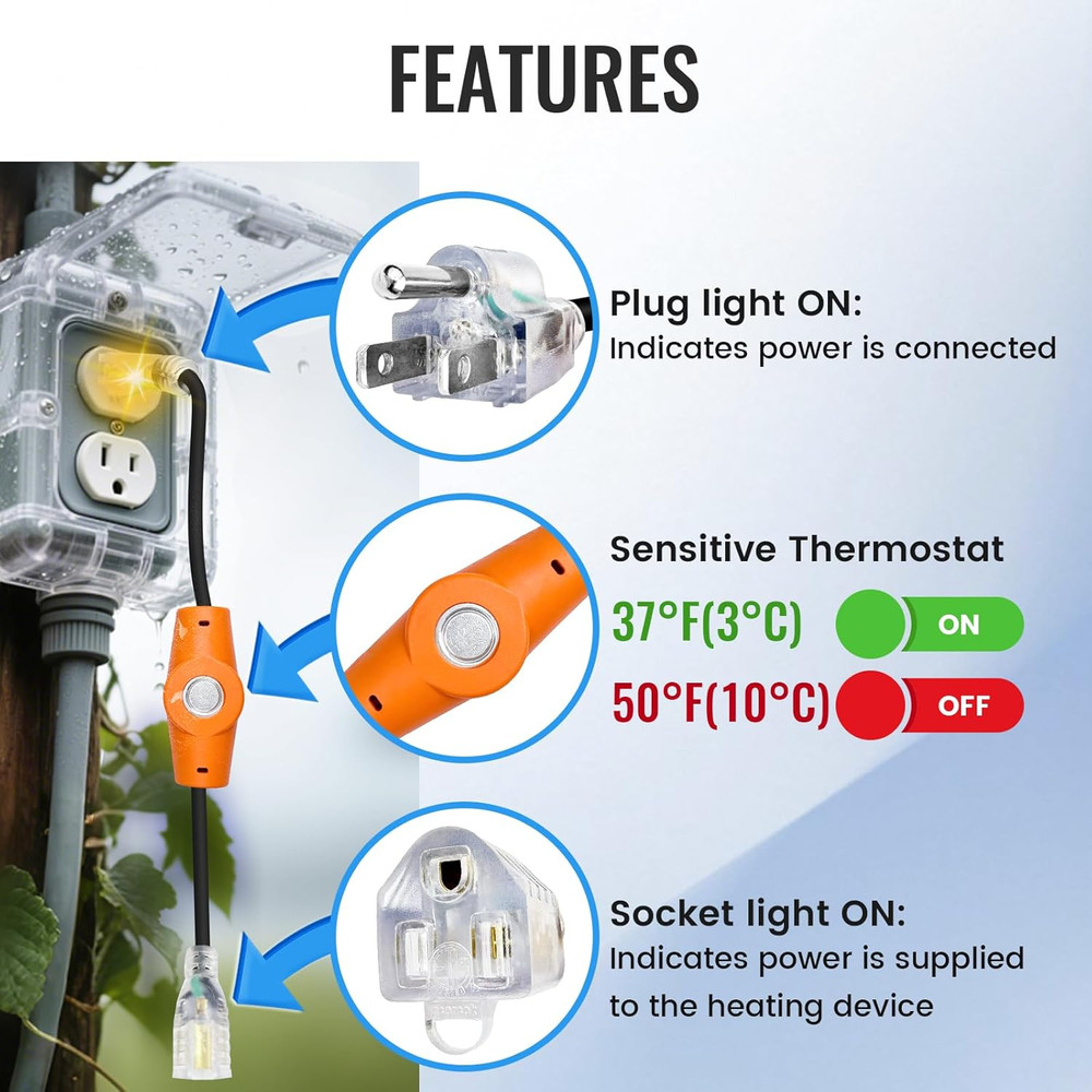 1PC 120V 15A Temperature Controlled Extension Cord, Heat Cable Controller