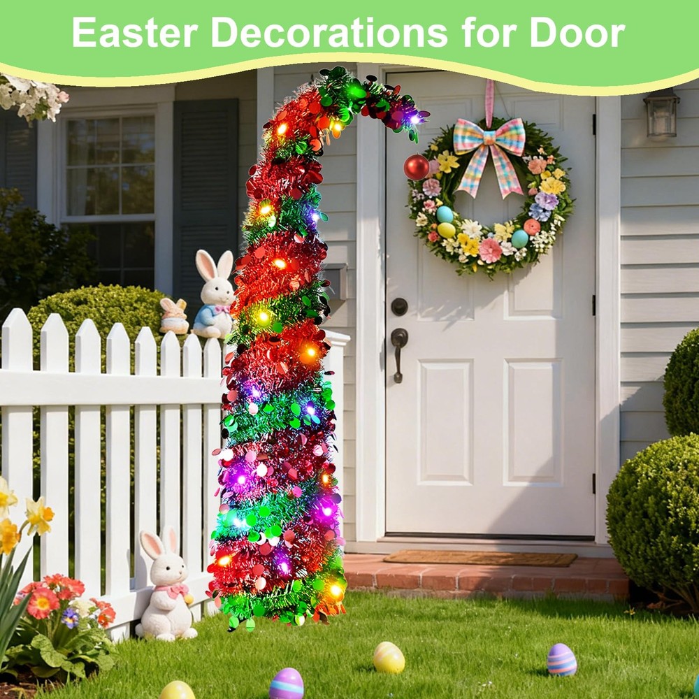 5FT Pre-Lit Pop Up Easter Tree LED Tinsel Collapsible Indoor Decor