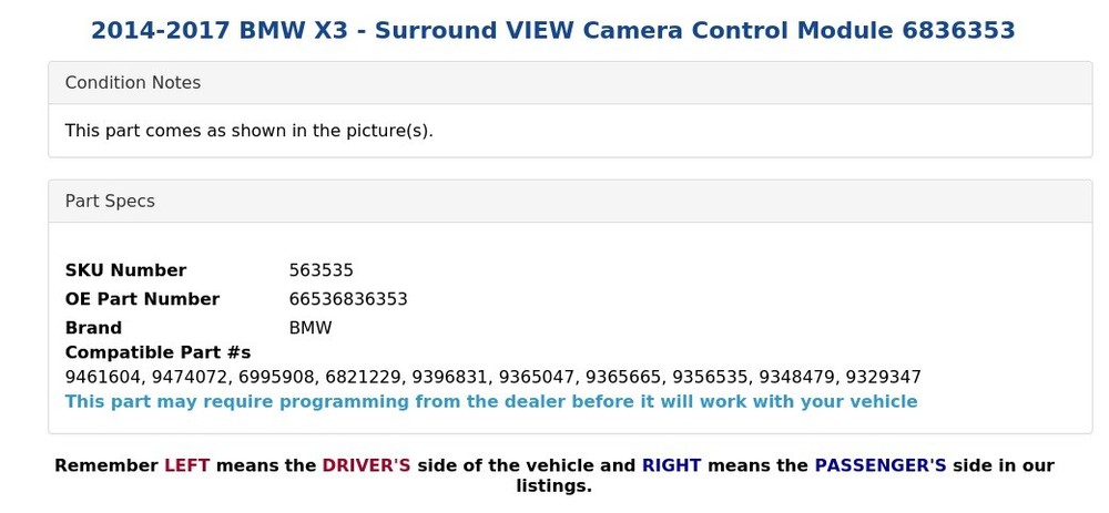 2014-2017 BMW X3 - Surround VIEW Camera Control Module 6836353