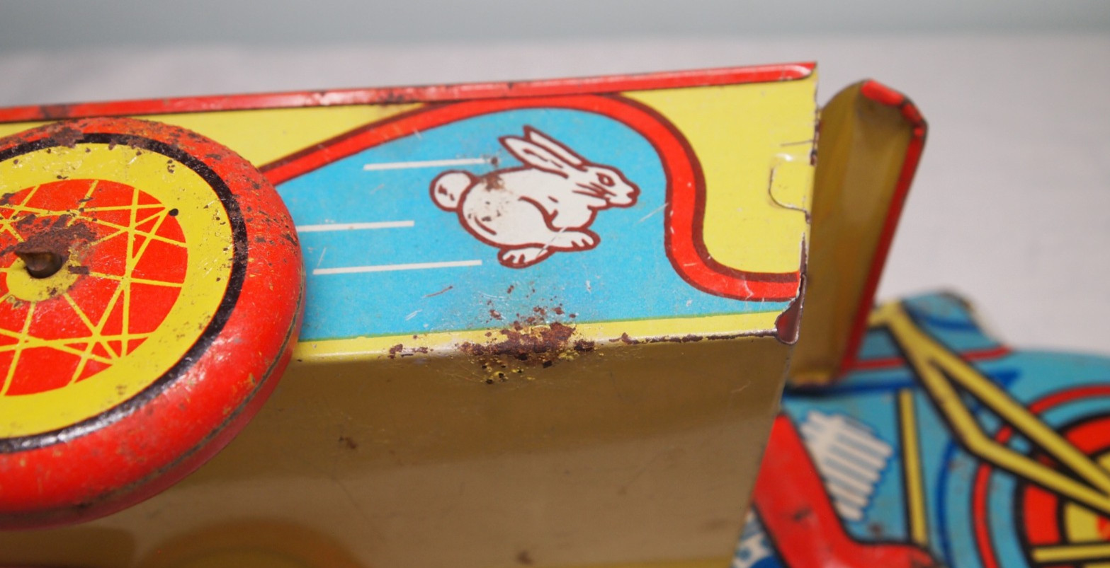 Vtg Tin Easter Car Bunny Delivery Motorcycle & sidecar rolled steel litho