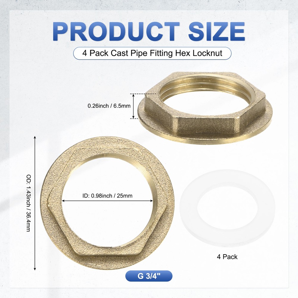 4 Pcs Brass G 3/4" Pipe Fitting Flange Hex Locknuts with Washer