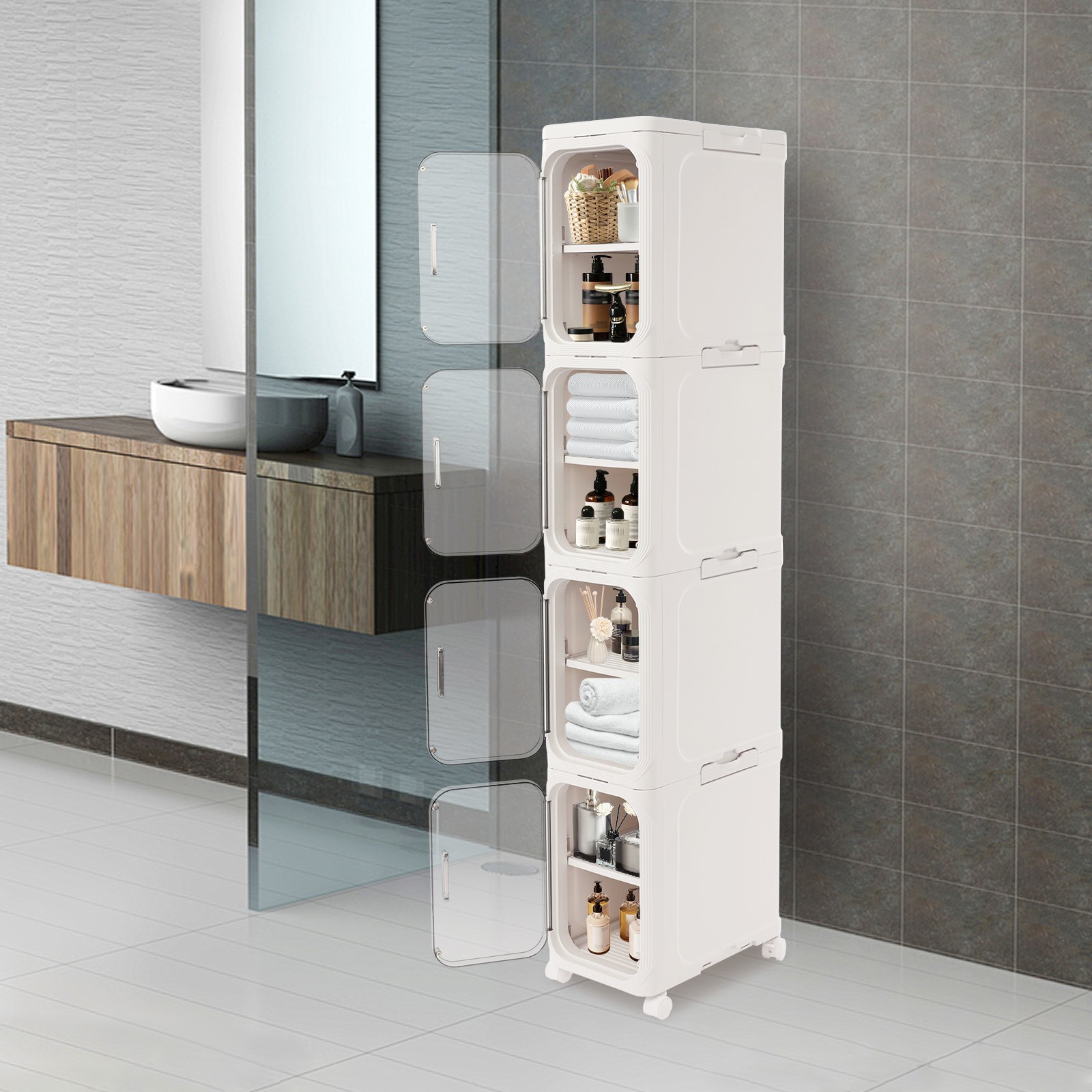 4-tier Slim Bathroom Storage Cabinet, Narrow Floor Standing Storage Cabinet