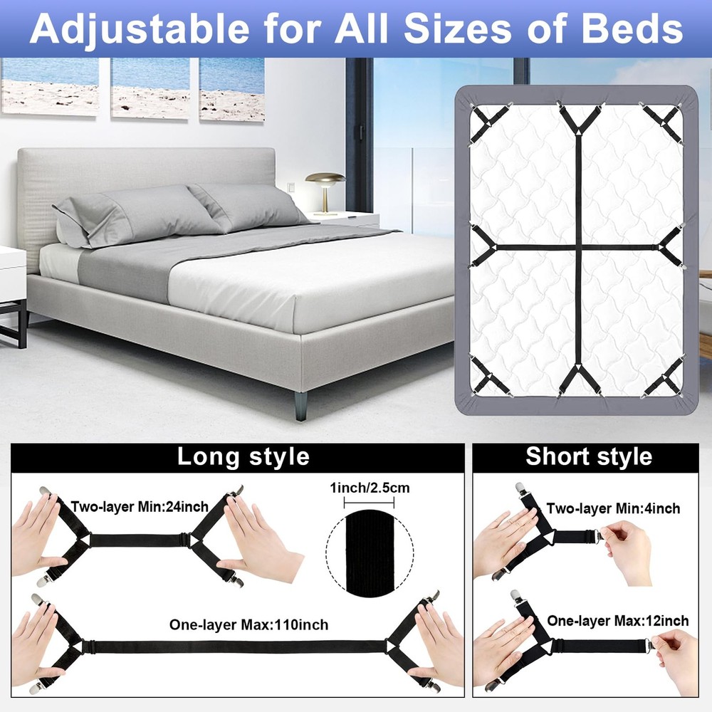 6 Pack Bed Sheet Straps Adjustable Crisscross Corner Fasteners