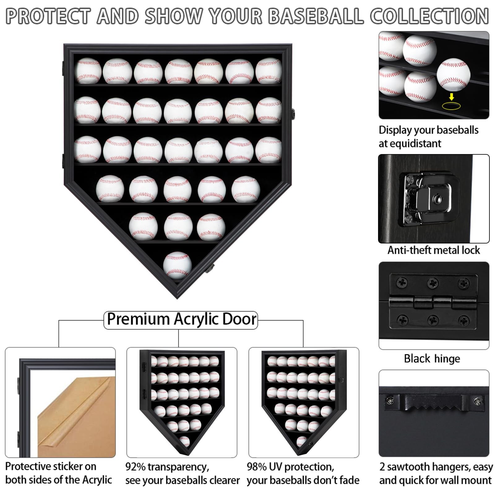 30 Baseball Display Case Wooden Baseball Holders for Balls Display Wall Mount...