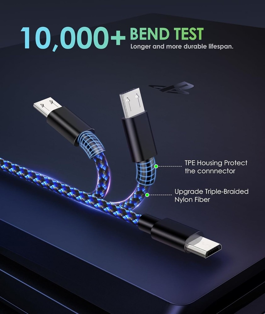 10FT Nylon Braided Micro USB Cables for PS4/Xbox Controllers - Fast Syncing