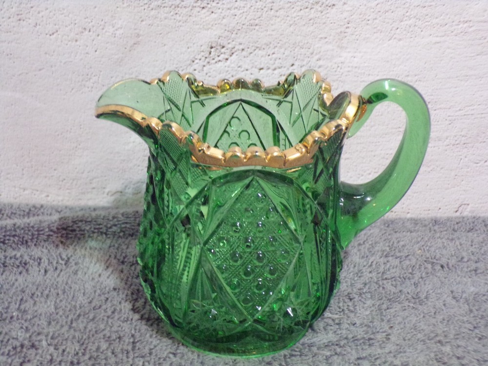 Vintage Riverside? Green & Gold Pitcher 1888 EAPG Pattern Sawtooth