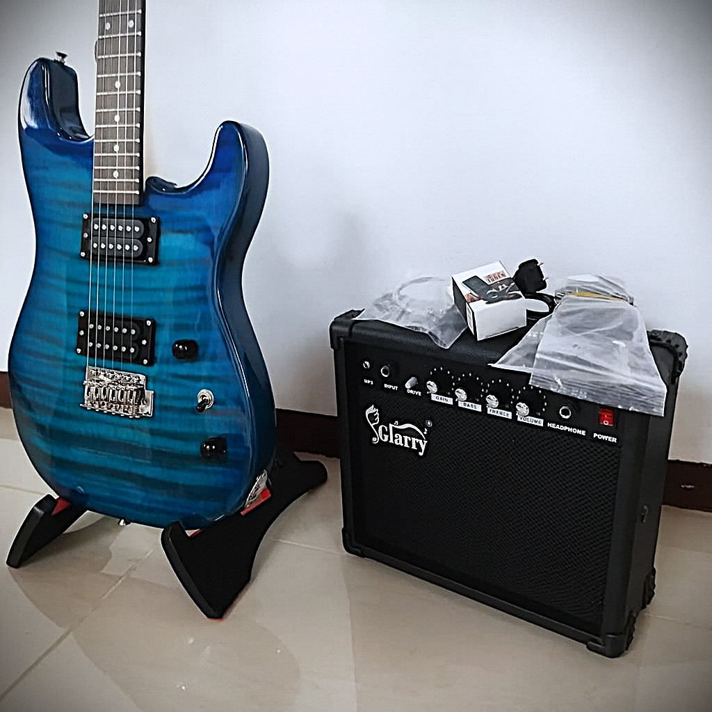 Full-Size Blue Electric Guitar Starter Package with 20-Watt Amp and Accessories