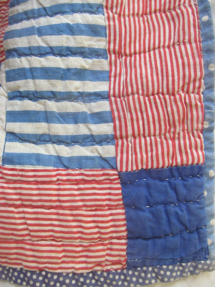1940s Vintage FOUR PATCH on POINT Handmade Quilt~Tiny Red Stripe & Blue Binding