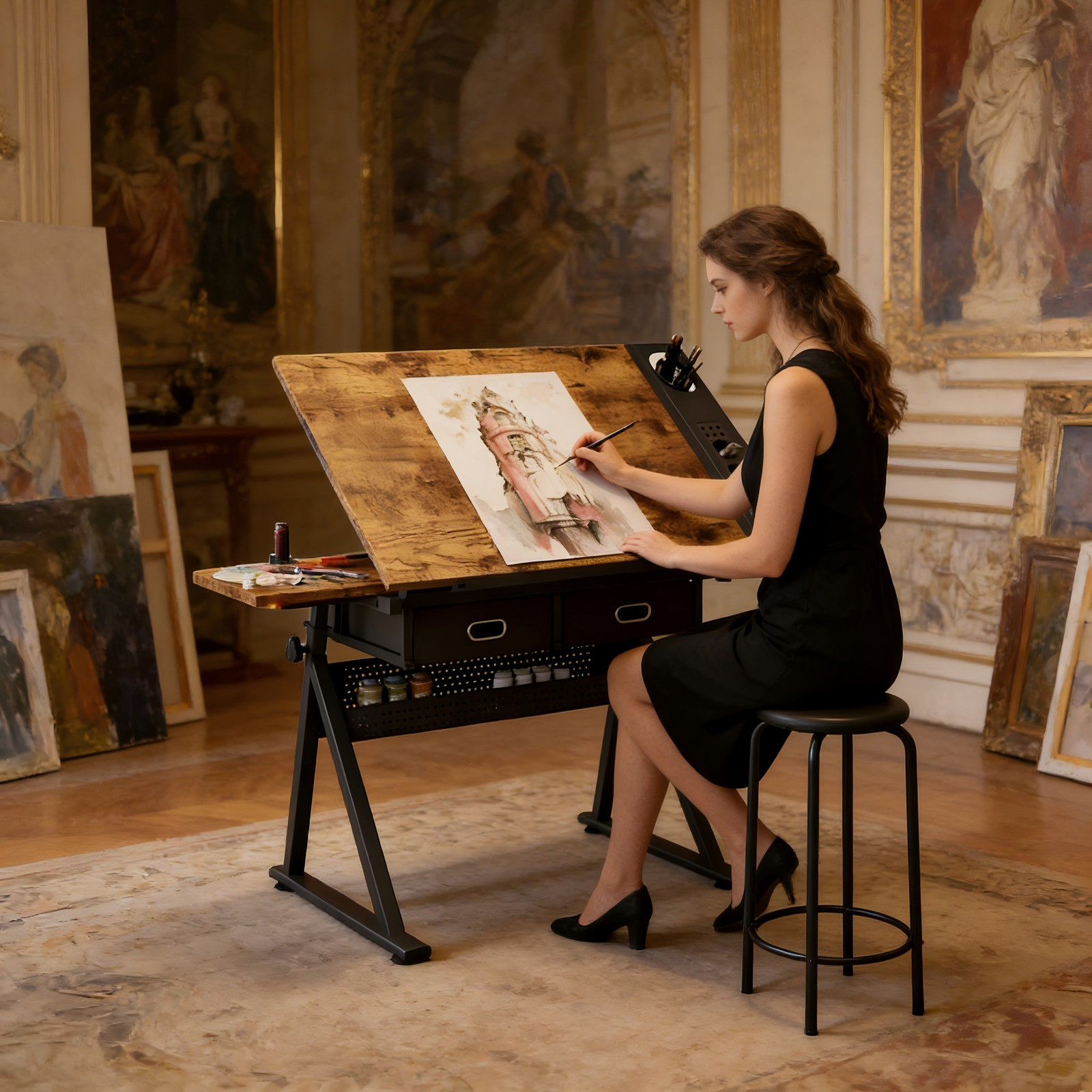 Adjustable Drafting Table w/ 2 Drawers & Stool Home Office Art Desk