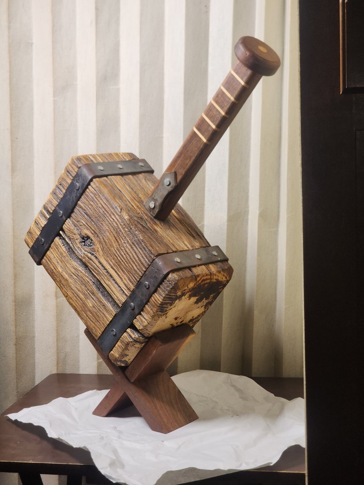 Thor's Hammer, Medieval Viking Solid Oak Head Walnut Handle With Display Stand