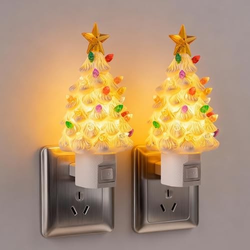 2 Pack Ceramic Christmas Tree Night Light,Vintage Decorative Xmas Tree White