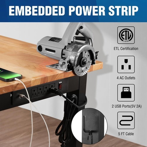 WORKPRO 48" Adjustable Height Workbench Hardwood Work Table Power Outlets 1500LB