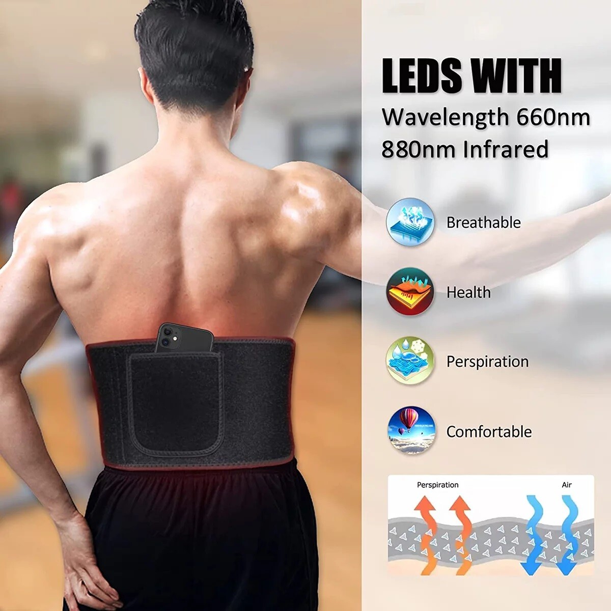 660nm Red 850nm Near Infrared Light Therapy Waist Wrap Pad Belt Fit Pain Relief