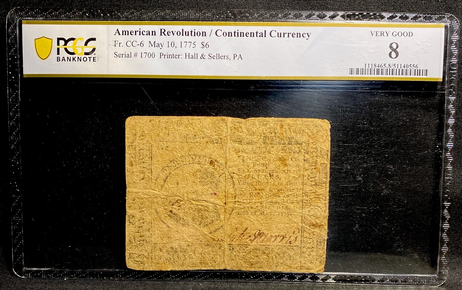 1775 American Revolution $6 Continental Currency, Colonial Bank Note CC-6, PCGS