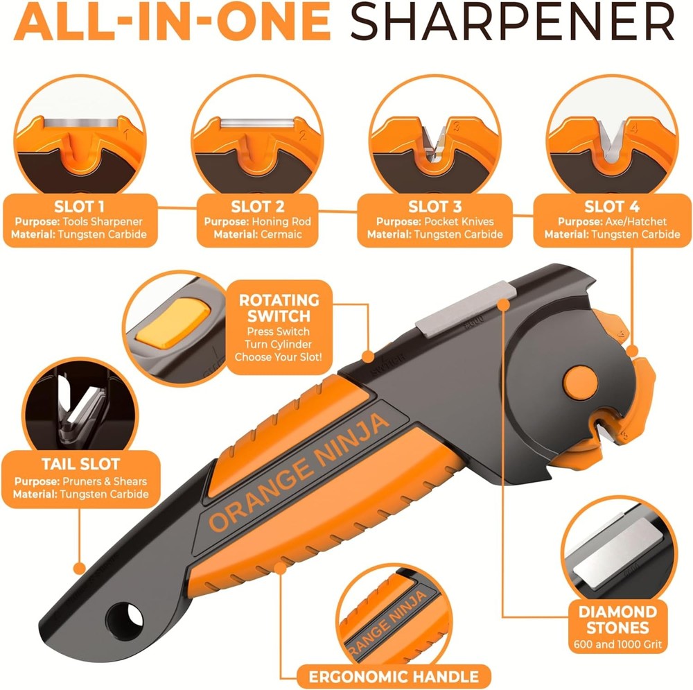 Orange Ninja Versatile Sharpening Bundle – All-In-1 Sharpener for Lawn Mower Bla