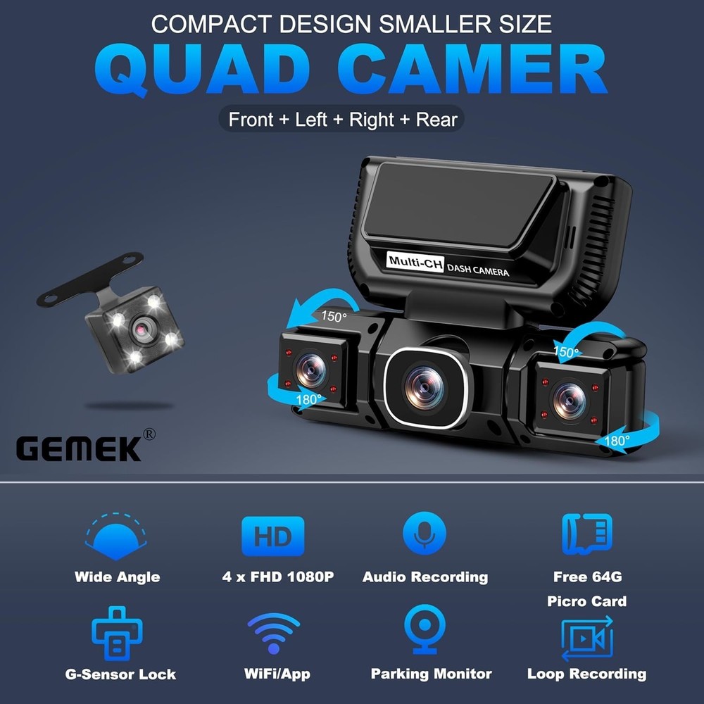 360° 4-Ch Dash Cam | 2K Front/Rear | WiFi & App Control