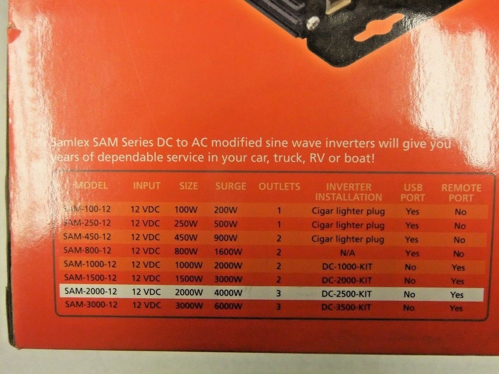 SAMLEX SAM-2000-12 DC-AC INVERTER - P/N SAM-2000-12