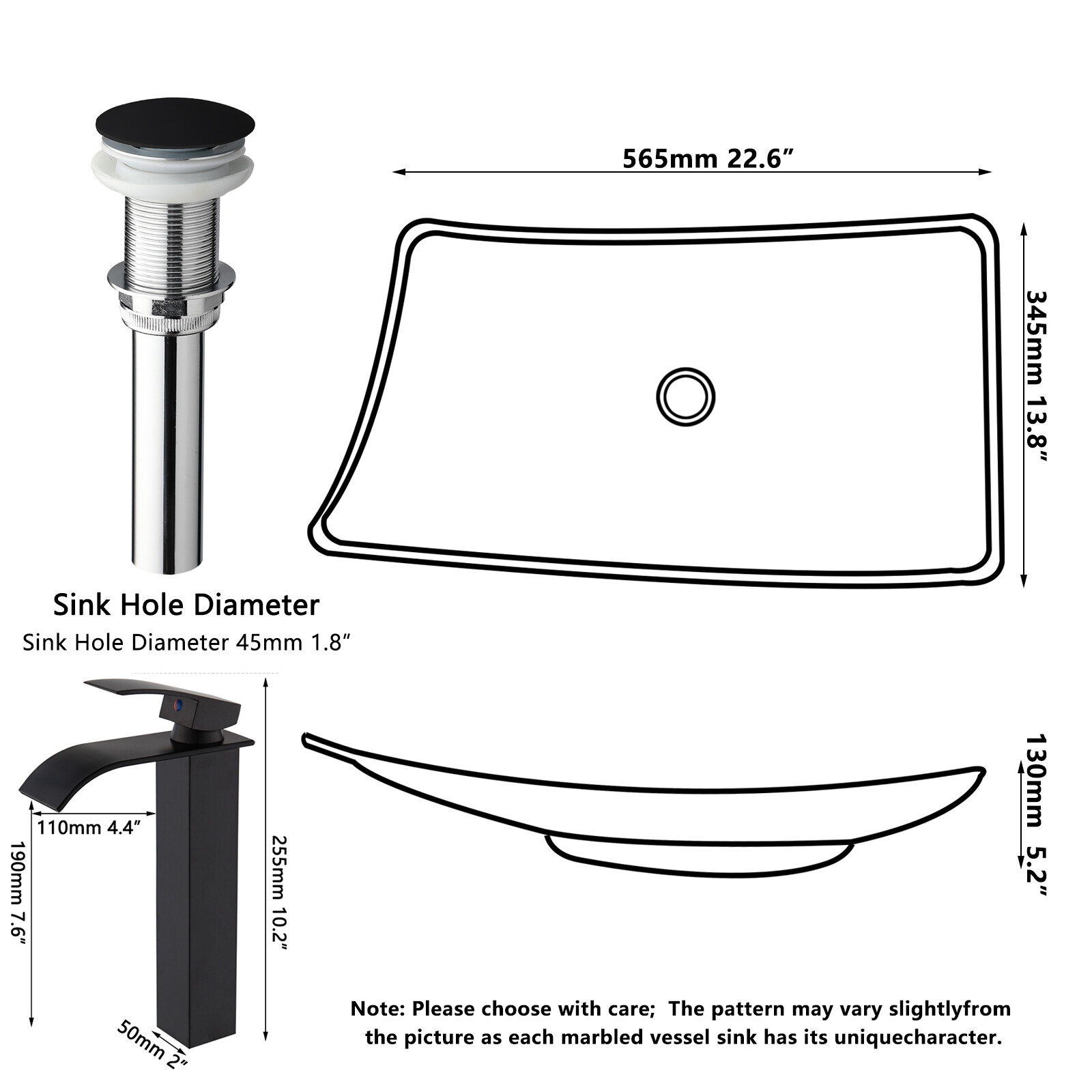 22.6inch Bathroom Vessel Sink Rectangle Resin Basin Bowl &Faucet And Drain Set