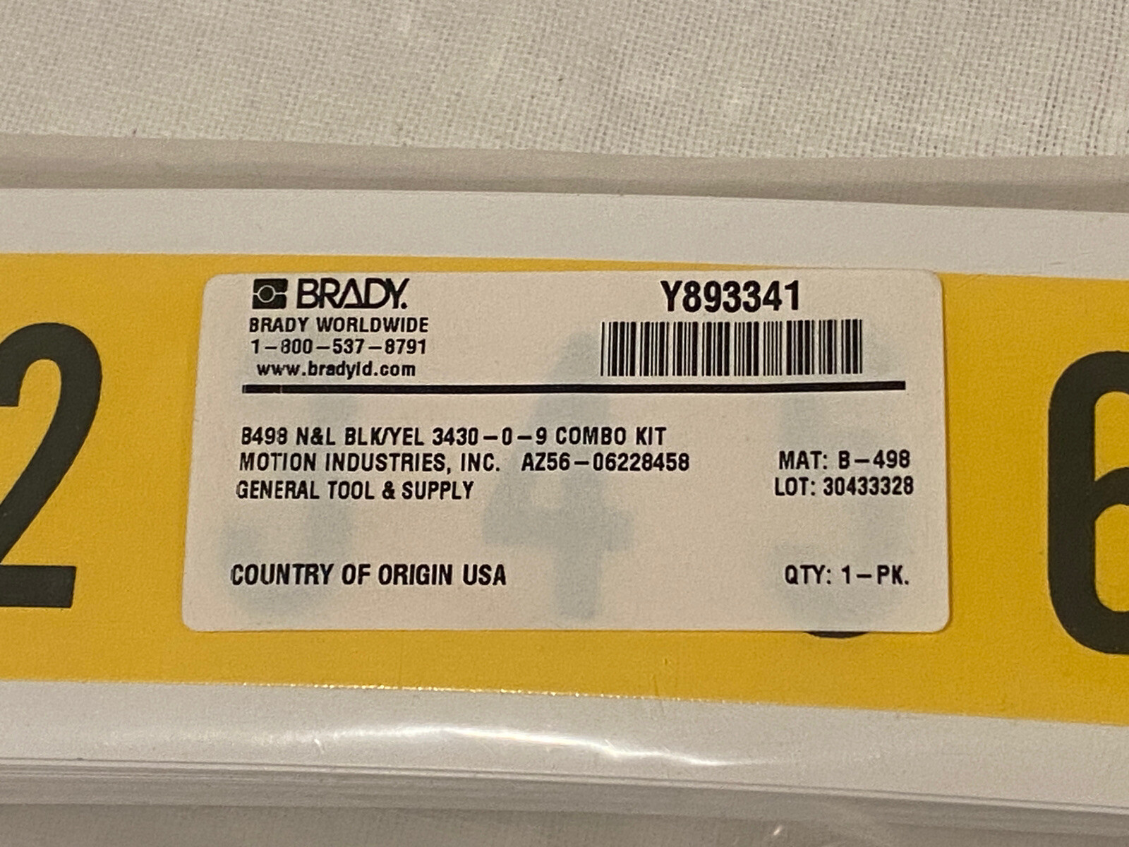 0 to 9 Number Labels, Vinyl Cloth Repositionable Adhesive Brady 3430 34310 B-498