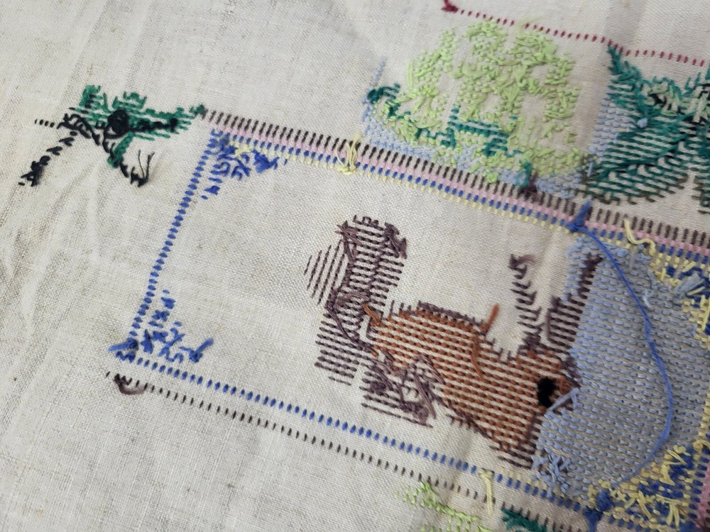 Vintage old embroidery educational Squirrel patterns different on fabric Ukraine