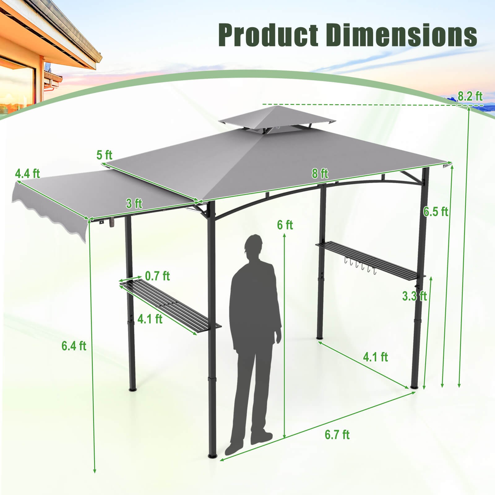11 x 5 FT Grill BBQ Gazebo w/ Side Awning Double-Tiered Top 2 Side Shelves