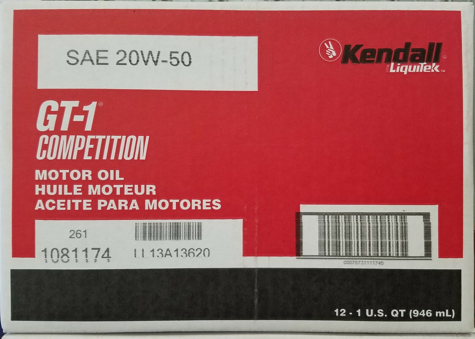 Kendall Titanium 20W50 GT-1 Competition Motor Oil; Case of 12 -1 Quart Bottles