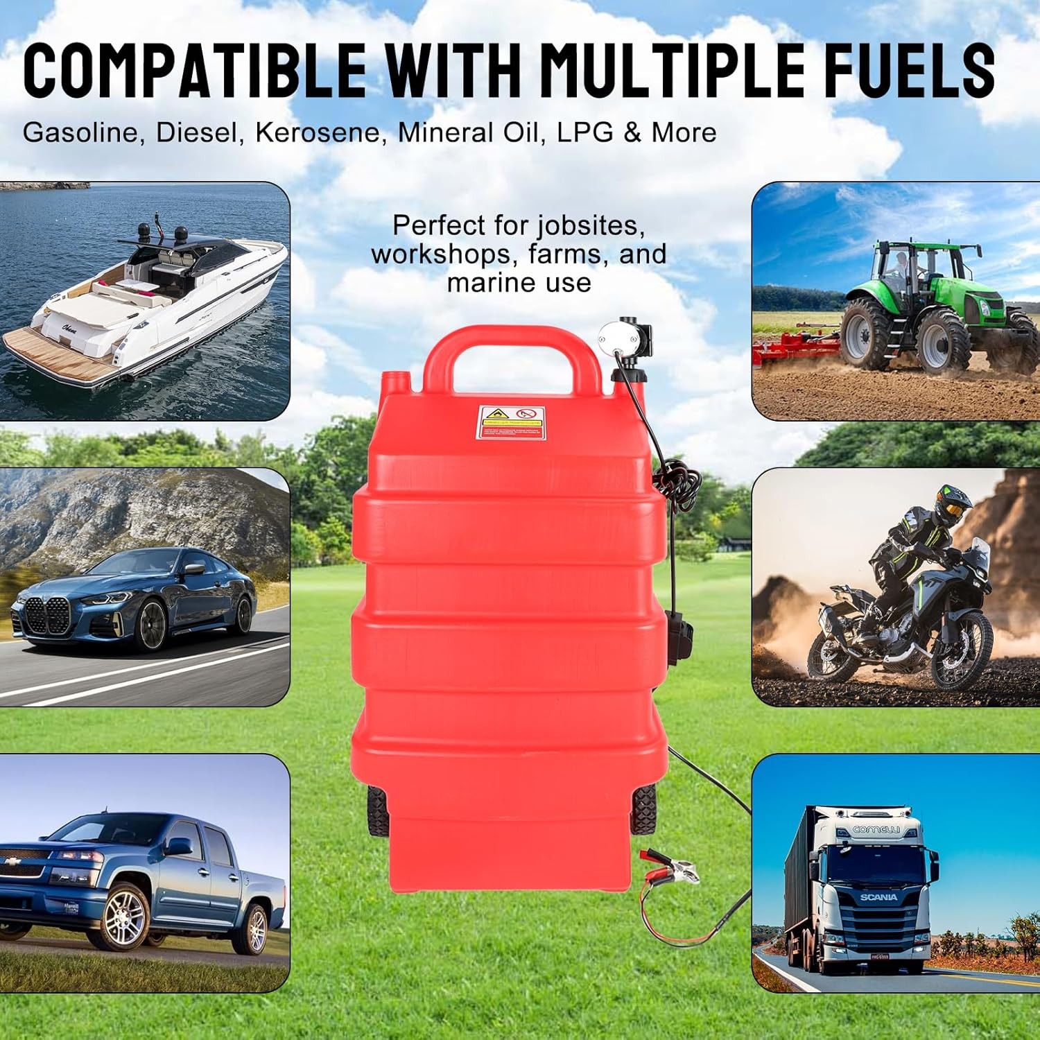 Portable 16 Gallon 60L Fuel Caddy Tank with 12V DC Electric Transfer Pump Red