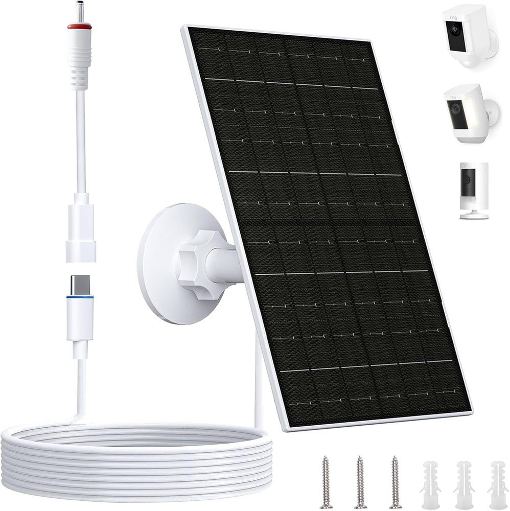 FUTUREZEN 6W Solar Panel for Ring Camera, DC 3.5×1.35mm & USB-C White