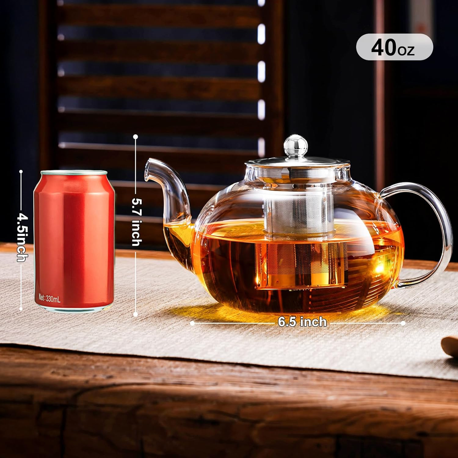 Glass Teapot Stovetop 40 OZ/1200ml, Borosilicate Clear Tea Kettle with Removable