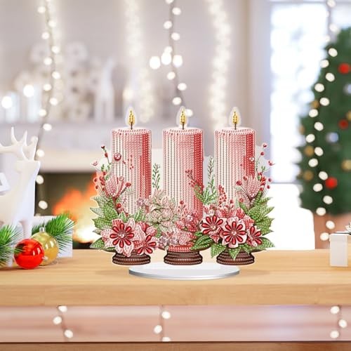 5D DIY Diamond Painting Tabletop Ornament Kits Christmas Diamond Pink Candle