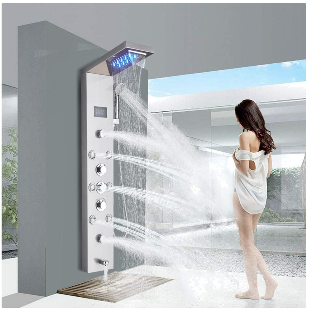 6-Function Brushed Nickel LED Shower Panel Tower System - Spa Experience at Home