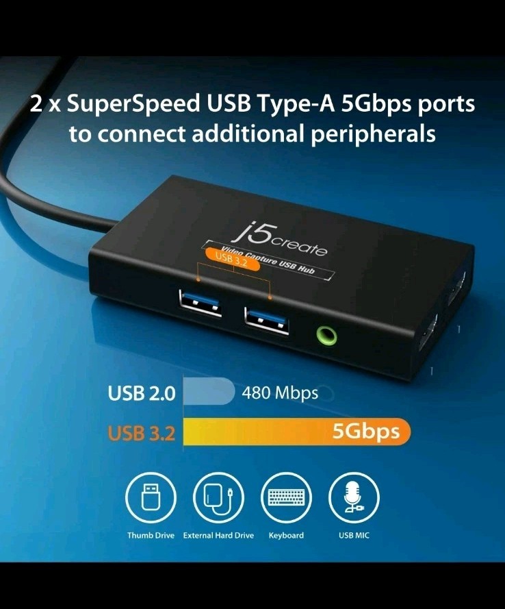 j5create Video Capture Card with PD 60W Pass-Through Charging, Built-in Multi
