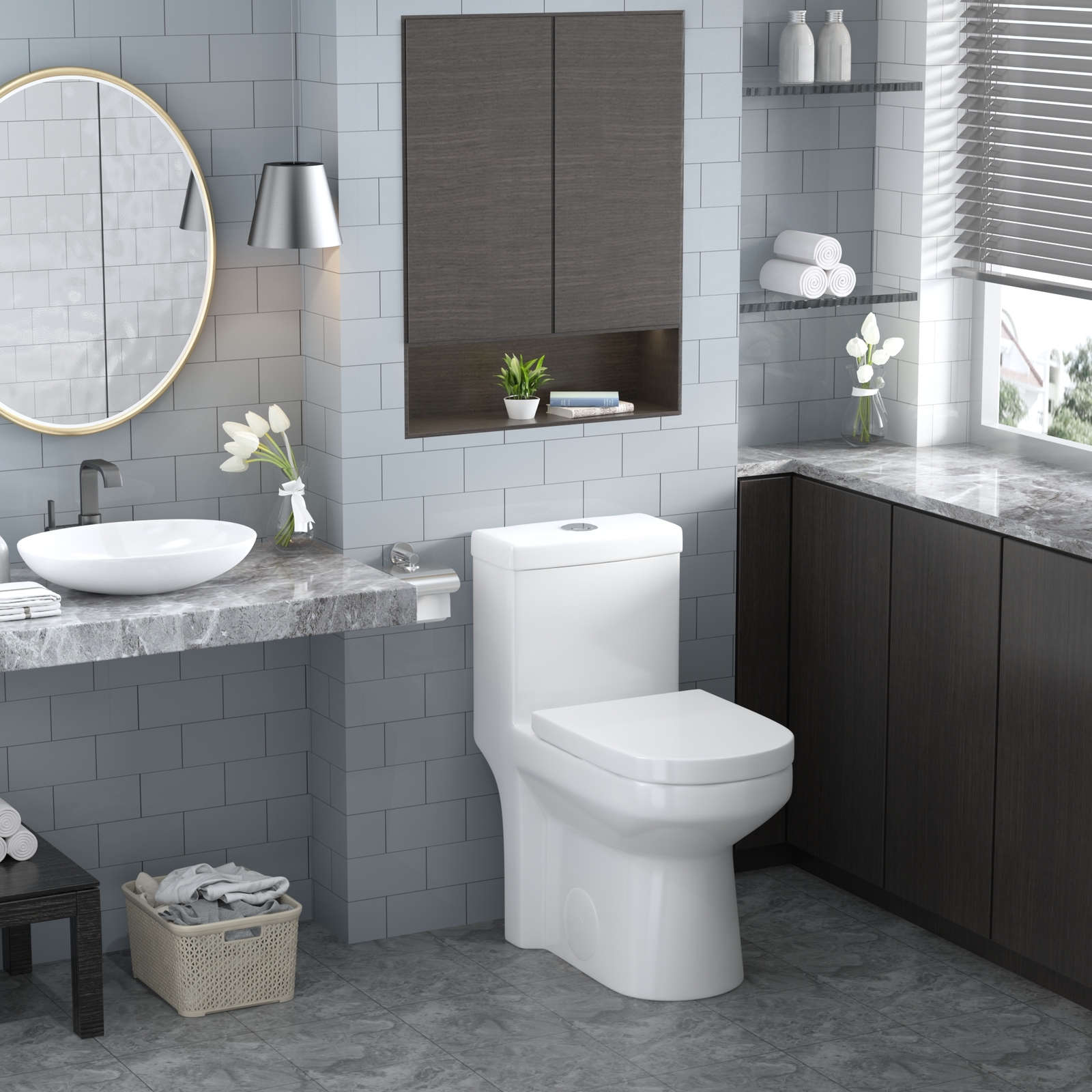 HOROW One Piece Toilet Bathroom Compact 0.8/1.28 GPF Dual Flush With Soft Seat