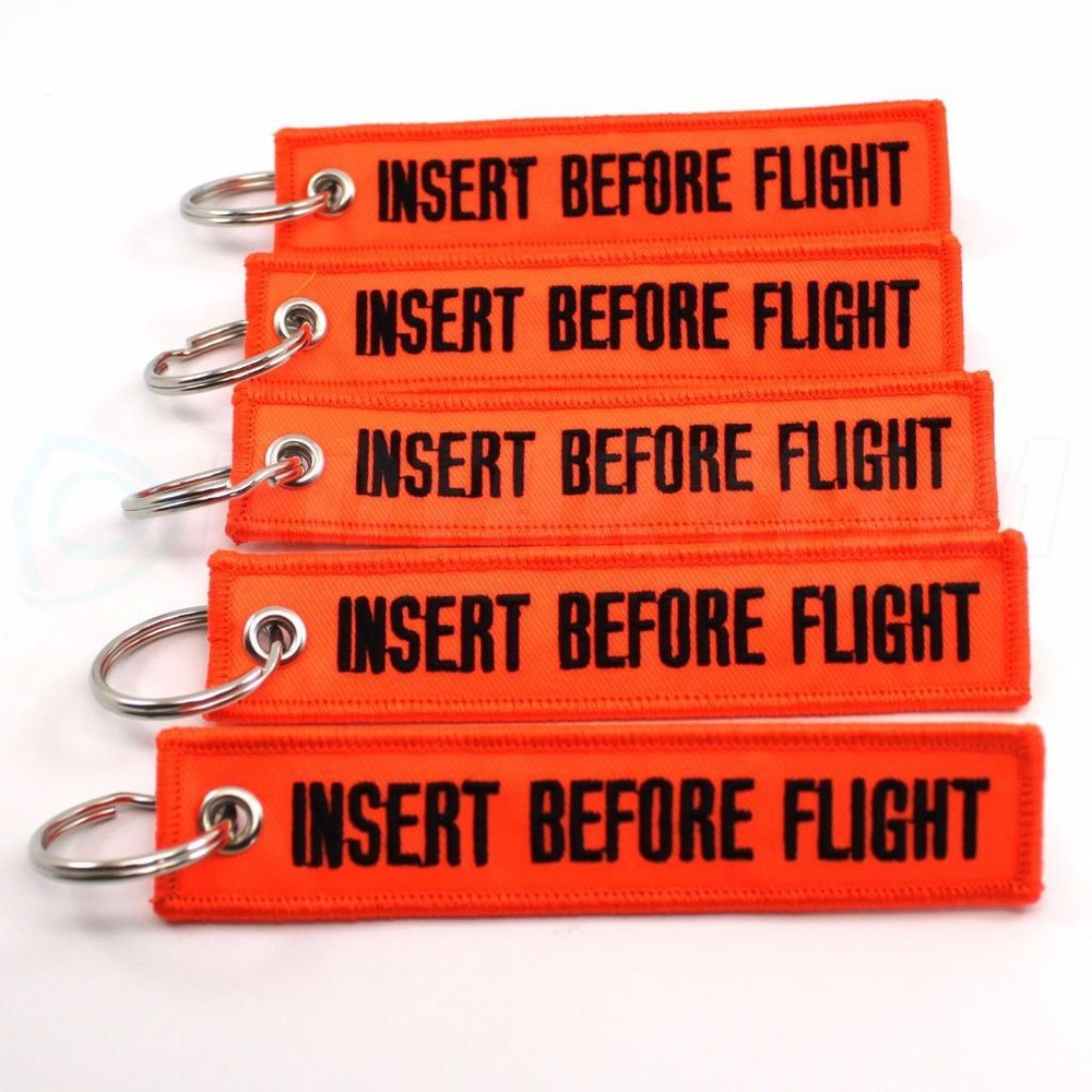 INSERT BEFORE FLIGHT QTY= 5 PCS NEON ORANGE/black KEYCHAINS RING TAGS CABIN CREW
